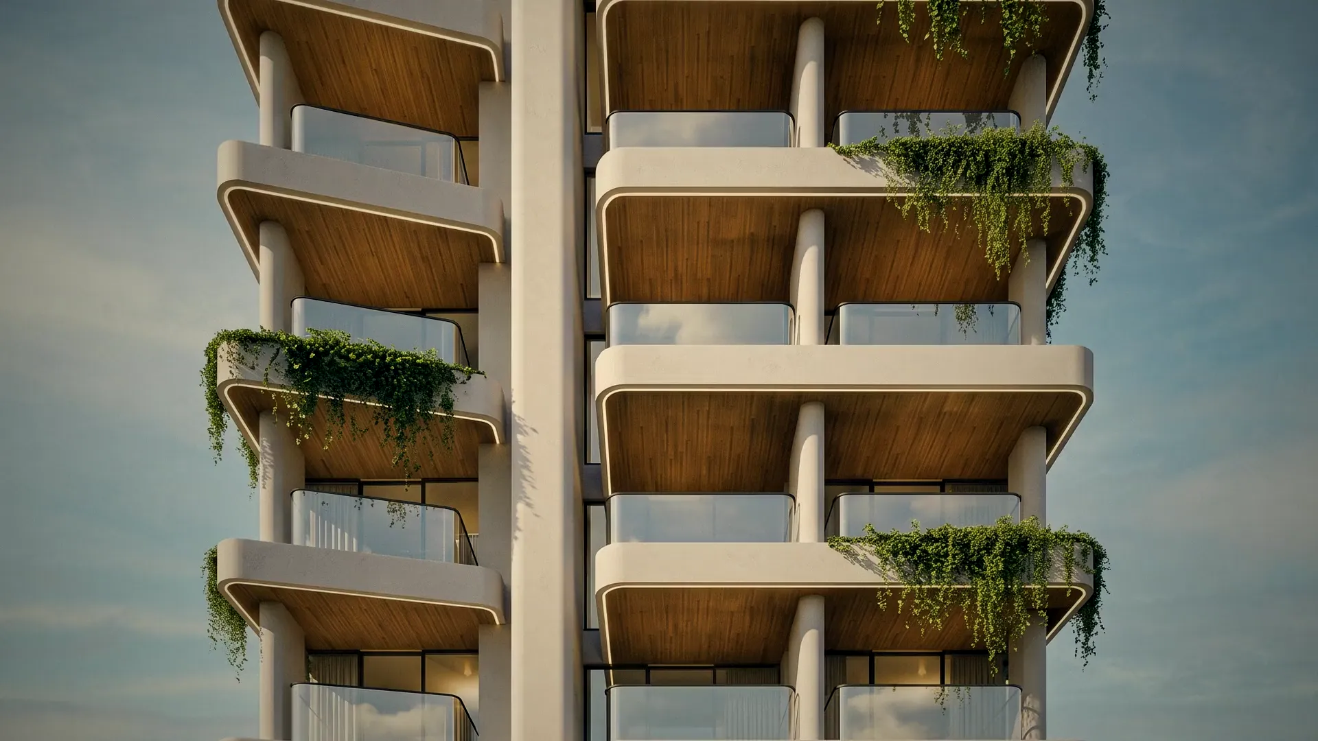 Samtaz up close, its balconies wrapped in greenery